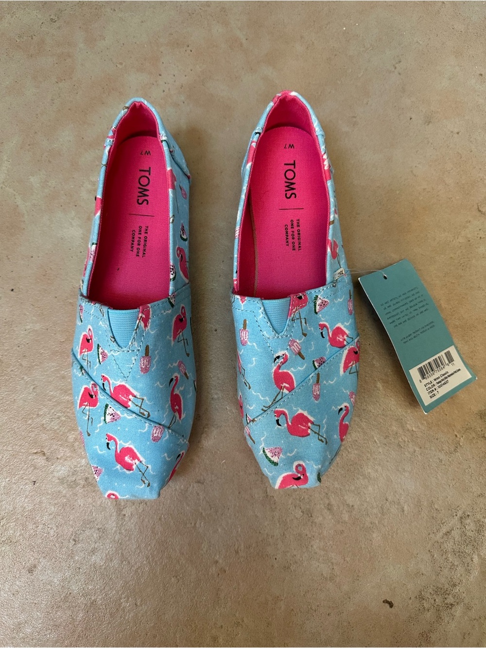 TOMS NWT Blue Flamingo Print Alpargata Slip-Ons with Pink Lining, Size 7